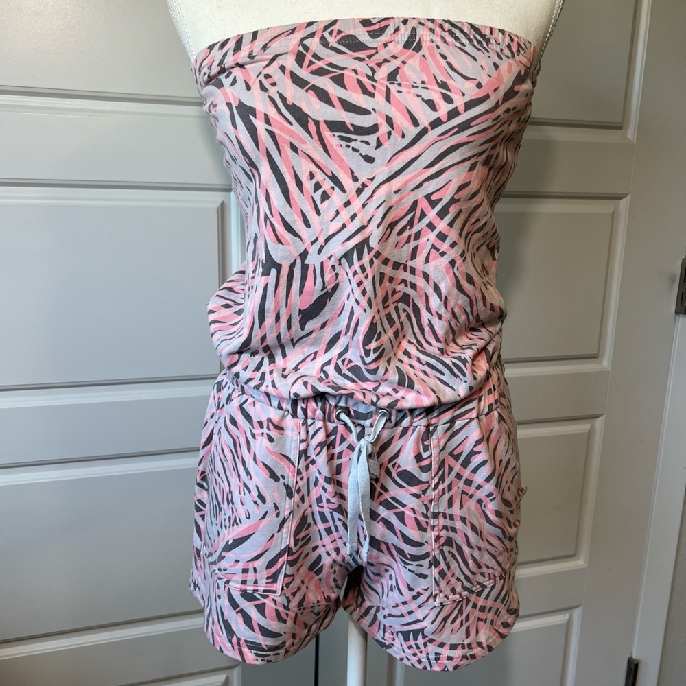 New York & Co Strapless Romper Pink Gray Zebra Print Drawstring Waist Casual XS